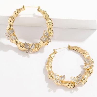 China 2021 New Design Female Hiphop Small Butterfly Rhinestone Hip Hop Earrings Fashion Hollow Circle Big Geometric Bamboo Earrings for sale