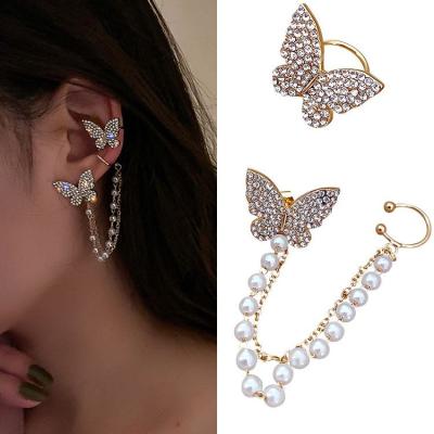 China Women's Long Butterfly Tassel 925 Rhinestone Pearl FASHION Silver Asymmetrical Cuff Earrings Without Pierced Ear Bone Clip Earrings Set for sale