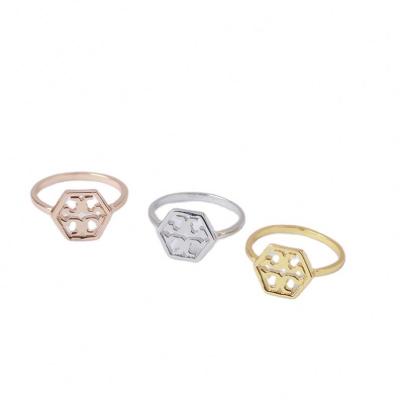 China European American hollow ring simple logo hexagon fashion vintage fashion trend shiny gold plated/rose gold ring jewelry for sale