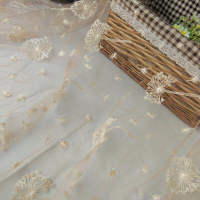 China New High Quality Soft QUICK DRY Champagne Dandelion Embroidered Mesh Tulle Fabric For Dress Shirts, White, Black, Grey, Pink By The Yard for sale