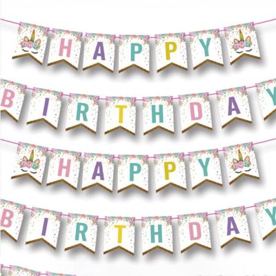 China Custom Paper Banner Cartoon Happy Birthday Unicorn Triangle Pulling Birthday Banners Party Banners for sale