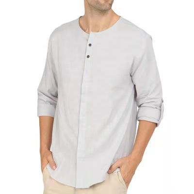 China Anti-wrinkle O-neck High Quality Summer Solid Color Mens Long Sleeve Canvas Shirts for sale