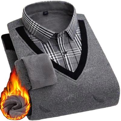 China Anti-Wrinkle Dummy Winter Shirt Two Piece Warm Men New Plus Velvet Thick Loose Knitted Casual Dip Shirt for sale