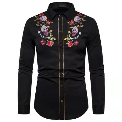 China Anti-pilling Men Fashion Western Cowboy Skull and Rose Embroidery Shirt Slim Fit Long Sleeve Casual Button Down Dress Shirts for sale