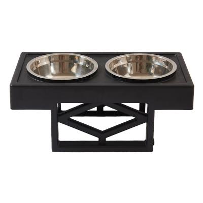 China Non-Automatic Wholesale Rustic Wood And Industrial Metal Double Dog Cat Feeder With Stand for sale