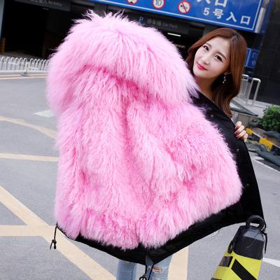 China New Design Anti-Shrink Lambskin Parka For Women Parka Coat Fur Hood Style Fur Coat Long for sale