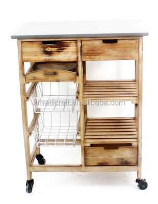 China Trolley cart with basket wooden kitchen cart with basket and tray 3 drawers food trolley cart for sale