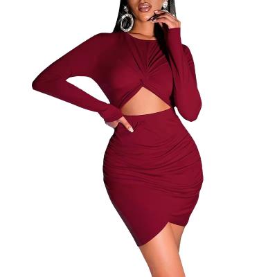 China Solid Color Breathable Sexy V-Neck Hollow Out V-Neck Mini Business Dress Long Sleeve Lace Up Casual Pullover for sale