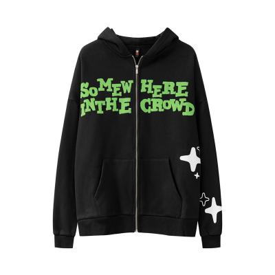 China Guochao design letter foam printing star anti-pilling plus velvet cardigan zipper hooded sweatshirt for sale