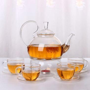 China Haonai Sustainable Heat Resistant Glass Teapot Set With Warmer And 6 Double Wall Teacups for sale