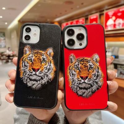 China Main Craft Shockproof Tiger Embroidery Chinese Style Phone Case For iPhone13Promax 12pro 11 Luxury Leather Phone Bag For xsmax 8plus for sale