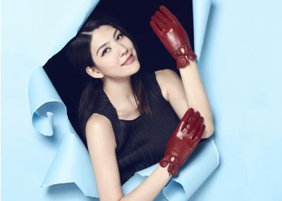 China Popular  Women Red Genuine Leather Gloves with Elastic and Bow at Wrist for sale