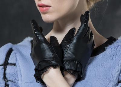 China Short Frilling Cuff Ladies Leather Driving Gloves With Black Hollow Sheep Leather for sale