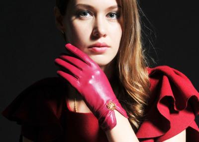 China Fashion Women Red Short Touch Screen Leather Gloves With Metal Flower Cuff for sale