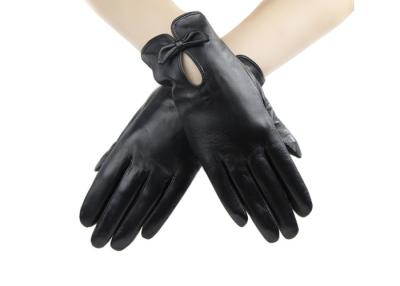 China Black Women / Ladies Leather Driving Gloves With Bowknot Cuff Fashion Style for sale