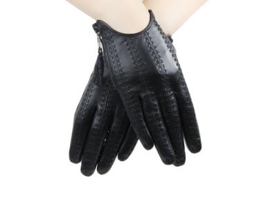 China Luxury Ladies Black Leather Driving Gloves With Zipper Cuff Embroidered Sheep Leather for sale