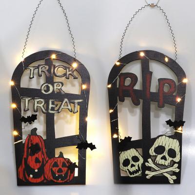 China Wooden Tombstone Shaped Lamp Door Hanging Led Pumpkin Lights Welcome Listing Crafts For Halloween Party And Decorations for sale