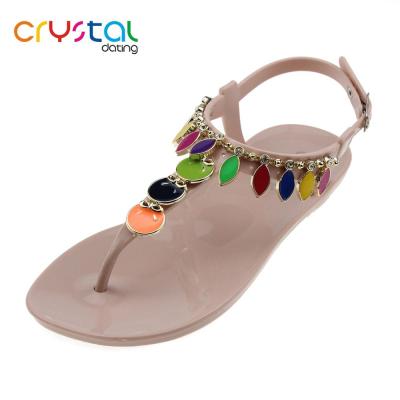 China PVC Ladies T-shape Flat Sandals With Colorful Stone for sale