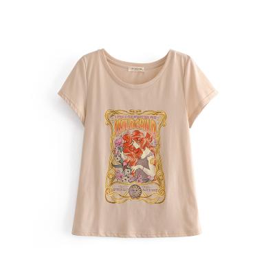 China Rose Print Cartoon O-Neck Top Cotton Women Vintage Boho Short Sleeve Tees Washable Chic Ladies Oversize T-shirts for sale