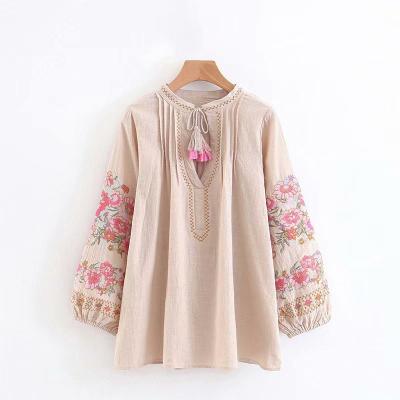 China Cotton Linen Embroidery Spring Women Tassel Beach Shirt Cute Bohemian Washable Shirt Floral Flare Sleeve Loose Boho Blusas for sale