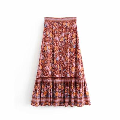 China Vintage Washable Chic Fashion Hippie Women Beach Purple Bohemian Floral Print Skirt High Elastic Waist A Line Boho Midi Skirts Femme for sale