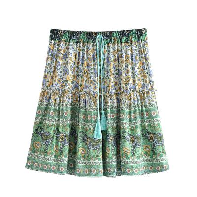 China Floral Print Ladies Boho Mini Skirts Cotton Rayon Women Summer Vintage Ruffles Tassel Bohemian Washable Green Short Skirt for sale