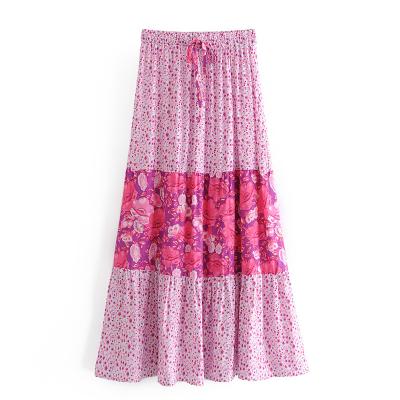 China Fashion Soft Chic Women Vintage Floral Print Beach Hippie Pink Bohemian Skirt Maxi A Line Boho Skirt High Elastic Waist Femme for sale