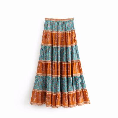 China Vintage Women Patchwork Floral Print Beach Bohemian Chic Washable Skirt High Waist Elastic Cotton Boho Maxi Skirts Femme Rayon for sale