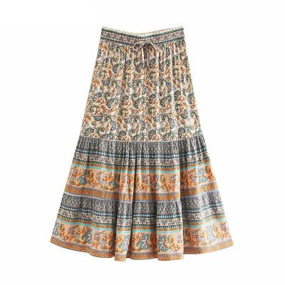 China Vintage Washable Chic Hippie Women Floral Peacock Printed Boho Midi Skirt High Waist Elastic Beach Ladies A Line Boho Skirt for sale