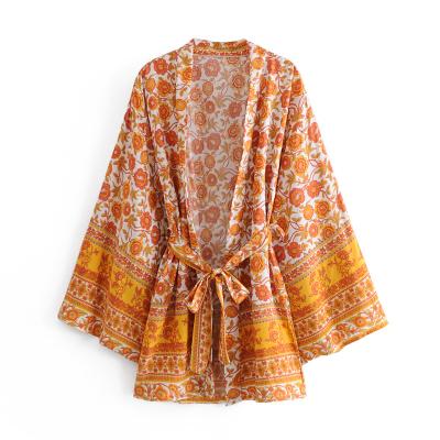 China Breathable Vintage Yellow Floral Print Women Boho V-Neck Bohemian Bat Wing Sheath Short Kimono Robe Boho Bikini Cover-up for sale