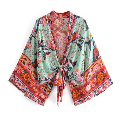 China Floral Print Washable Sashes Vintage Boho Kimono Short Women Fashion V-Neck Batwing Wing Sleeves Ladies Bikini Bohemian Cover-up for sale