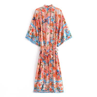 China Bohemian Bohemian Cover-up Summer Bikini Dress Tassel V-Neck Ladies Vintage Kimono Maxi Dress Women Floral Print Washable Chic Beach Bat Sleeve for sale