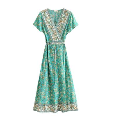 China Boho Maxi Dress Women Vintage Rayon Floral Print V-Neck Beach Lace-Up Boho Chic Criss-Cross Ladies Dress Washable Cotton for sale