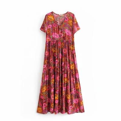 China Boho Dress Vestidos de Maxi Dress Ladies Rayon Summer Boho Vintage Women Deep V-Neck Beach Chic Washable Floral Print for sale