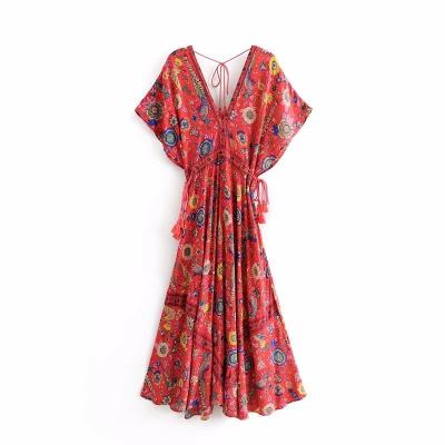 China Boho Boho Summer V Neck Tassel Maxi Dress Ladies Vintage Fashion Women Peacock Floral Print Bat Sleeve Washable Chic Beach Sundress for sale