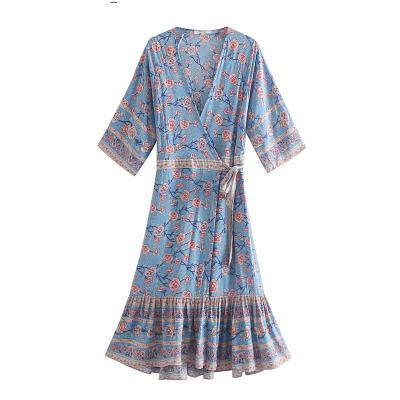 China Boho Vestidos De Boho Summer V-Neck Ladies Vintage Midi Dress Women Floral Print Half Sleeve Sashes Washable Beach Chic Rayon Bohemian Dress for sale