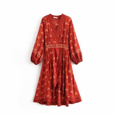 China Washable Chic Floral Print Vintage V-Neck Rayon Beach Bohemian Midi Cross Belts Women Dress Vestidos de Boho Midi Ladies Summer Dress for sale