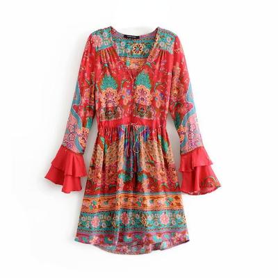 China Bohemian V-Neck Mini Dress Ladies Vintage Women Floral Print Flare Beach Chic Washable Sleeve Bohemian Pleated Dress Vestidos de Boho for sale