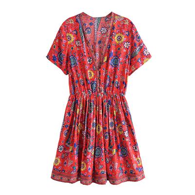 China Vintage Rayon Short Mini Boho Dress V-Neck Sleeve Women Peacock Print Beach Washable Chic Floral Bohemian Dress for sale