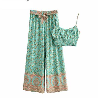 China Vintage Washable Chic Women Two Piece Outfits Tie Up Sleeveless Top Sashes Bohemian Drawstring Pants 2 Piece Rayon Cotton Boho Sets for sale