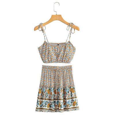 China Boho Drawstring Mini Skirts Vintage Fashion Floral Print Women Sleeveless Tops Washable Strap Boho Cotton Rayon 2 Piece Sets for sale