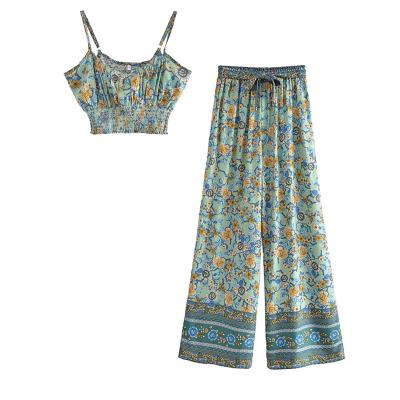 China Bohemian Vintage Women Floral Print Breathable Strapless Tops Two Piece Chic Suits Elastic Waist Pants 2 Piece Rayon Cotton Boho Sets for sale