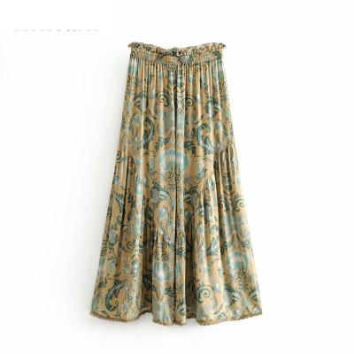 China Women Washable Chic Floral Print Vintage Wide Leg Bohemian Pants Ladies Ruffles Sashes Rayon Boho Loose Long Pants for sale