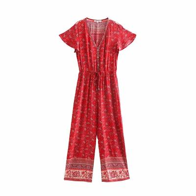 China Boho Women Vintage Rayon Playsuits Bohemian Jumpsuits Floral Print Sashes Washable Chic Geometric Short Sleeve Rompers for sale