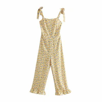 China Vintage Chic Women Washable Yellow Bohemian Jumpsuits Floral Print Strap Bohemian Rompers Sleeveless Cotton Jumpsuits Ladies for sale