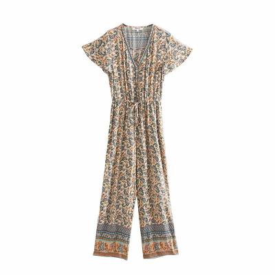 China Washable Vintage Women Boho Floral Print Chic Jumpsuits Short Sheath V Neck Sashes Rayon Rompers Bohemian Jumpsuit for sale