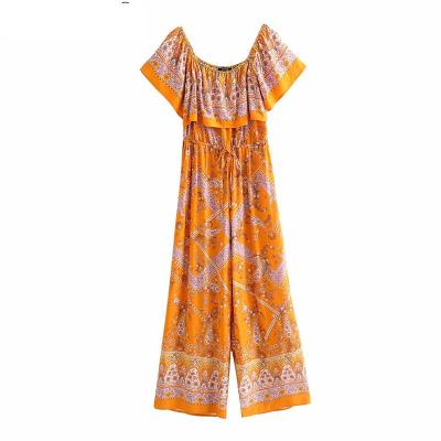 China Washable Chic Orange Floral Print Vintage Bohemian Jumpsuits Rompers Ladies Sleeveless Ladies Off Shoulder Rayon Rompers Bohemian Jumpsuit for sale