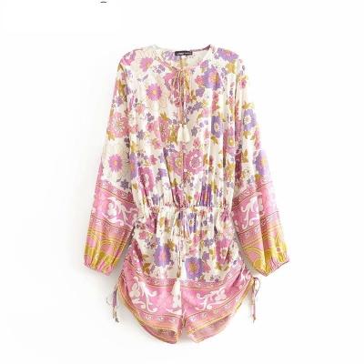 China Floral Print Women Vintage Tassel Rayon Long Sleeve Beach Jumpsuits Boho Sashes Washable Chic V-Neck Rompers Ladies for sale