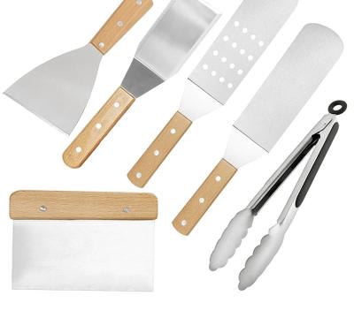 China Easily Cleaned Wooden Handle Stainless Steel Griddle Tool Kit Large For Grill Flat Surface Cooking Professional Camping BBQ Kit In Gift Box for sale