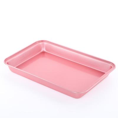 China Hot Selling Custom Made Viable Pink Color Griddle Pan Rectangle Carbon Steel Baking Casserole Tray for sale